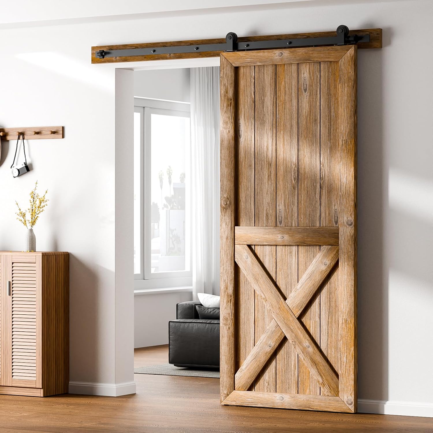 14FT Sliding Barn Door Hardware Kit for Single Door Easy to Install Smoothly and Quietly Barn Door Track Fit 84' Wide and 1 3/8' - 2' Thickness Single Wood Door Black (T Shape)