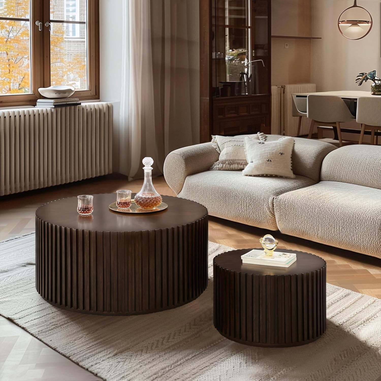 Round Wood Coffee Table Set of 2, Handcraft Drum Side Table End Table for Living Room, Modern Circle Wooden Coffee Table Set for Small Space, No Need Assembly(Deep Brown,31x31x16 in)