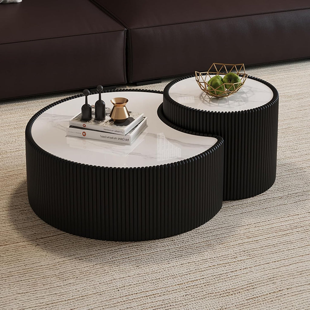 29.53' Marble Coffee Table, Modern Creative Moon Coffee Table with Sintered Stone Top and PU Leather Covered, Black Fluted Cocktail Center Tea Coffee Tables for Living Room,No Need Assembly