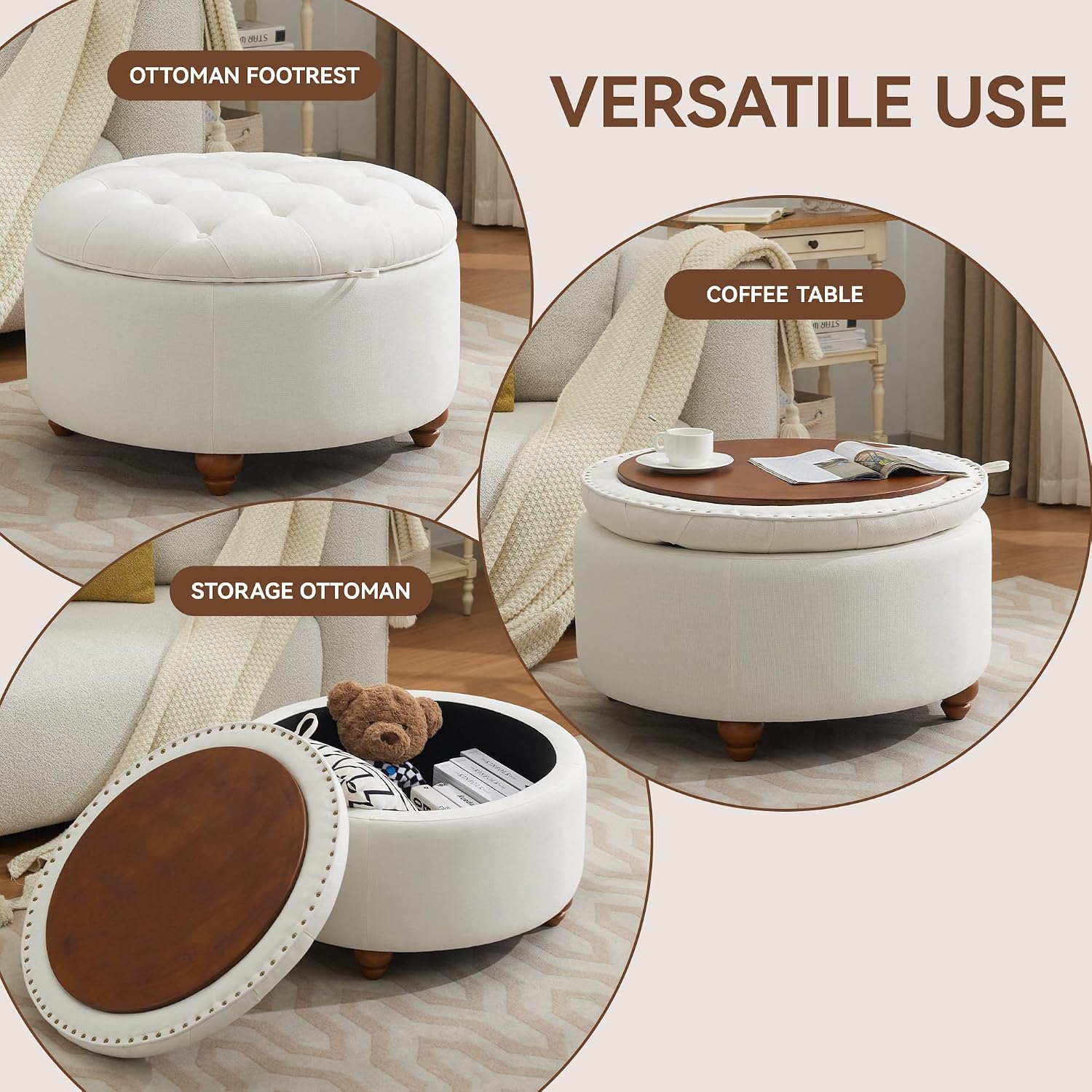 WUTUTUEE 30Inch Round Storage Ottoman with Tray, Modern Tufted Fabric Circle Coffee Table with Storage, Upholstered Ottoman with Removable Top for Living Room, Bedroom, Beige
