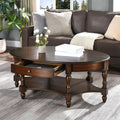 Coffee Table with Drawer, Solid Wood Oval Center Table with Storage Shelf, Traditional Living Room Table with Elegant Vintage Style, Easy Assembly, 45' x 27.6' x 18.2' Retro Walnut KFZ2233DC