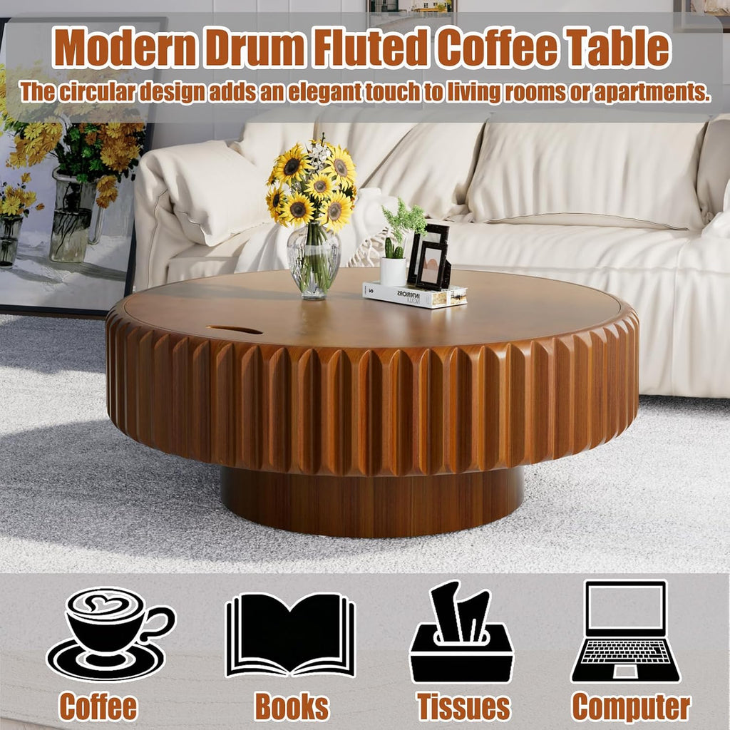 39.37'' Round Drum Coffee Table with Hidden Storage, Modern Fluted Coffee Tables with Solid Wood Veneer, Wooden Circle Center Table for Living Room, Small Spaces, and Apartments, Easy Assembly