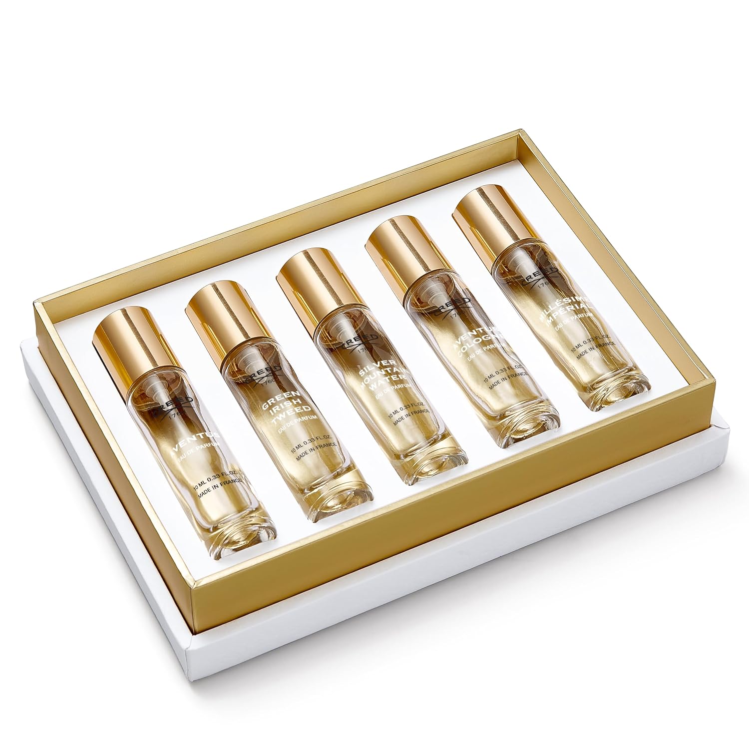 House of Creed Men's Holiday Gift Coffret Set, Features 5 Signature Perfume Scents of Aventus, Aventus Cologne, Green Irish Tweed, Millésime Impérial, and Silver Mountain Water, 5 x 10ml