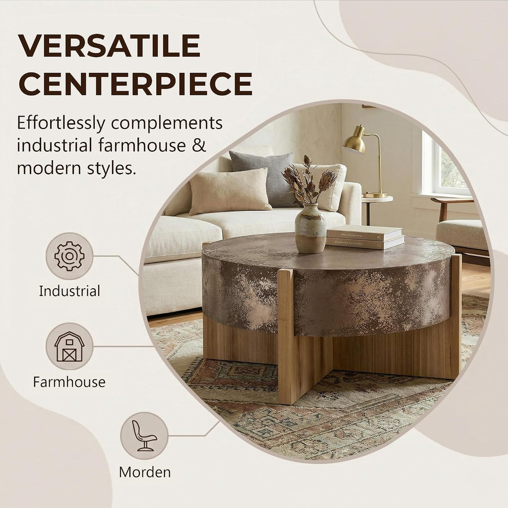 Christopher Knight Home Industrial Rustic Round Coffee Table 33.4'' Vintage Center Cocktail Table with Distressed Rust Finish for Living Room, Easy Assembly