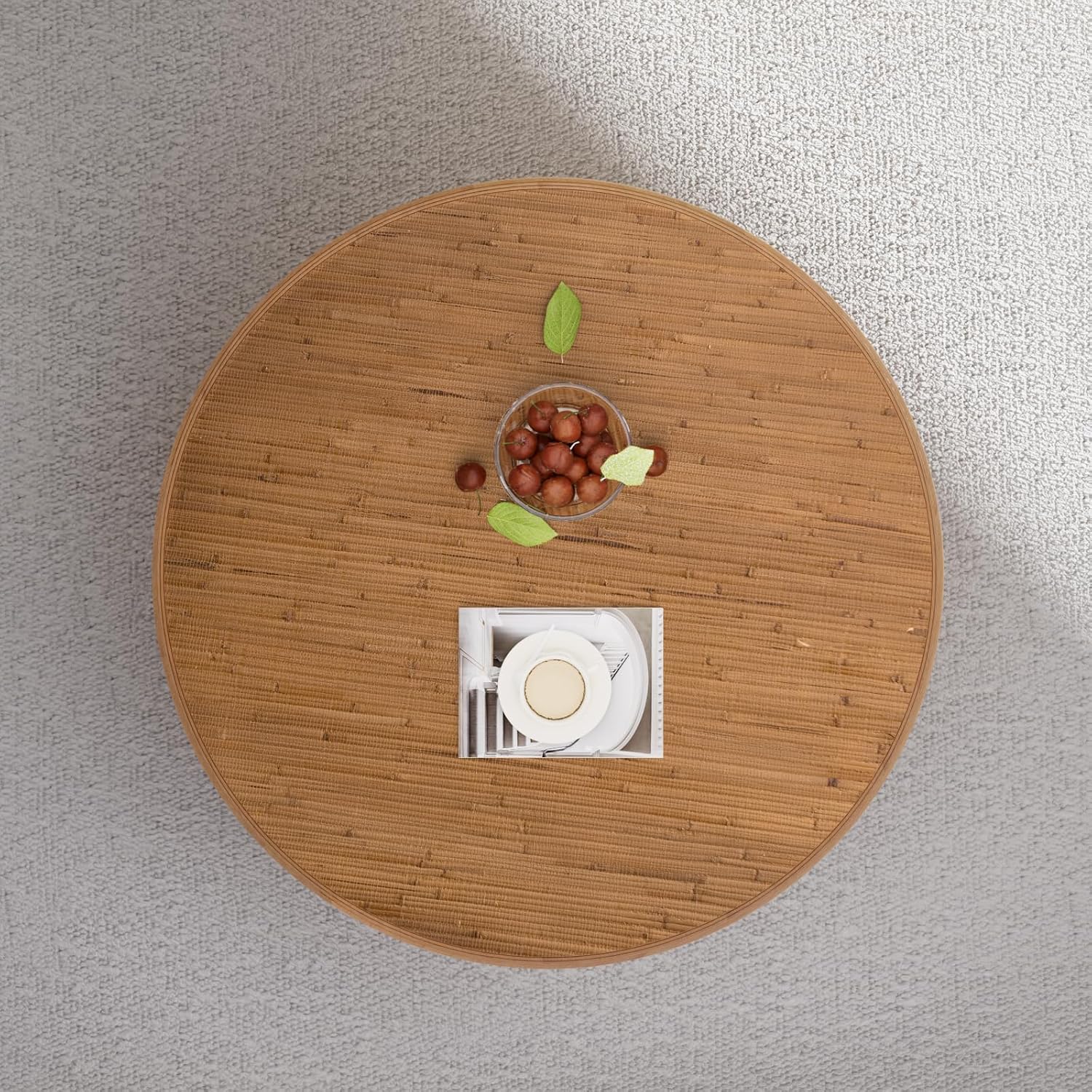 30.5' Storage Round Coffee Table, Modern Coffee Tables with Rattan-Accent Top and Sides, Wooden Circle Center Table for Living Room, Small Spaces, and Apartments, Easy Assembly