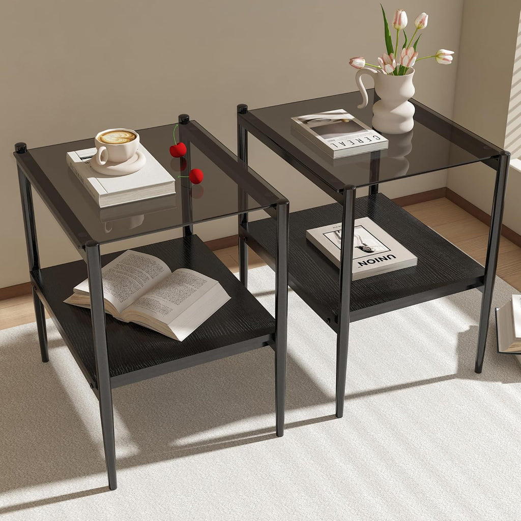 Grey Glass Coffee Table Sets of 3 Modern Living Room Table Set End Tables with Black Metal Legs and Wood Bottom Shelf, Center Cocktail Furniture (Grey Black)