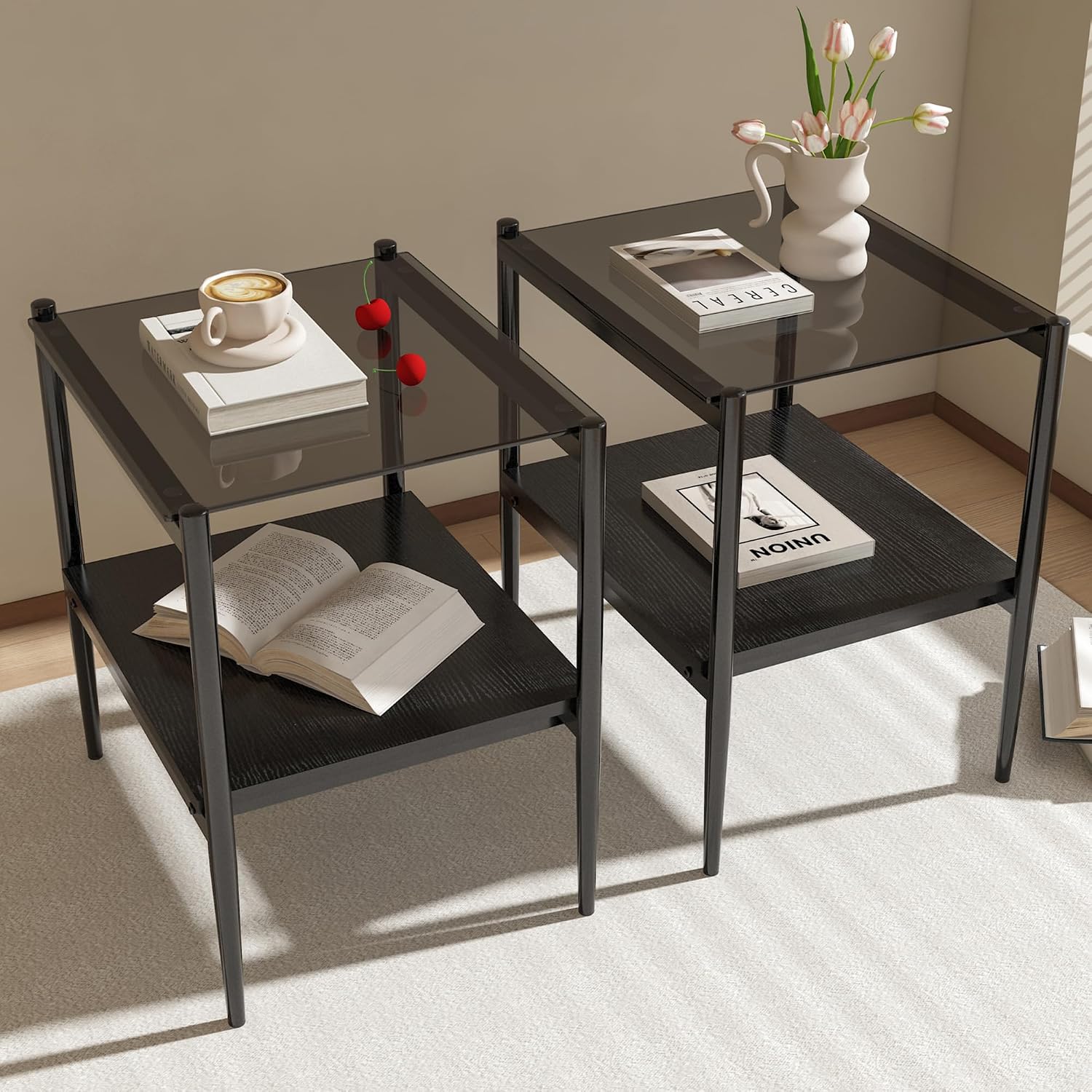 Grey Glass Coffee Table Sets of 3 Modern Living Room Table Set End Tables with Black Metal Legs and Wood Bottom Shelf, Center Cocktail Furniture (Grey Black)