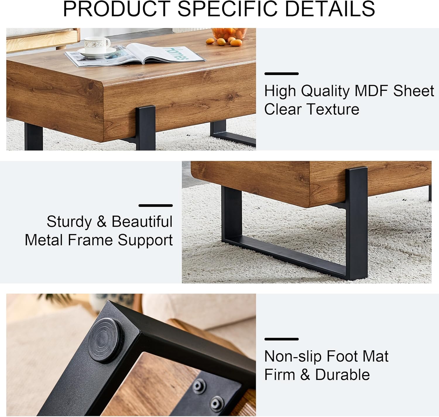 47.24'' Rustic Rectangle Coffee Table MDF Desktop with Metal Legs for Living Room Dining Room Bedroom Office