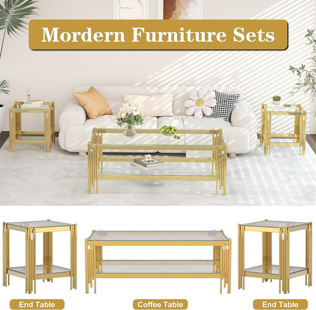 AF ARTISAN FURNITURE 2-Tier Glass End Table Modern Square Living Room Table Sofa Side Table, Stainless Steel Metal Leg Tempered Glass Small Corner Table, Clear&Gold