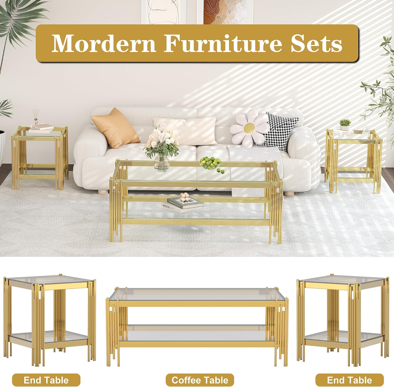 AF ARTISAN FURNITURE 2-Tier Glass End Table Modern Square Living Room Table Sofa Side Table, Stainless Steel Metal Leg Tempered Glass Small Corner Table, Clear&Gold