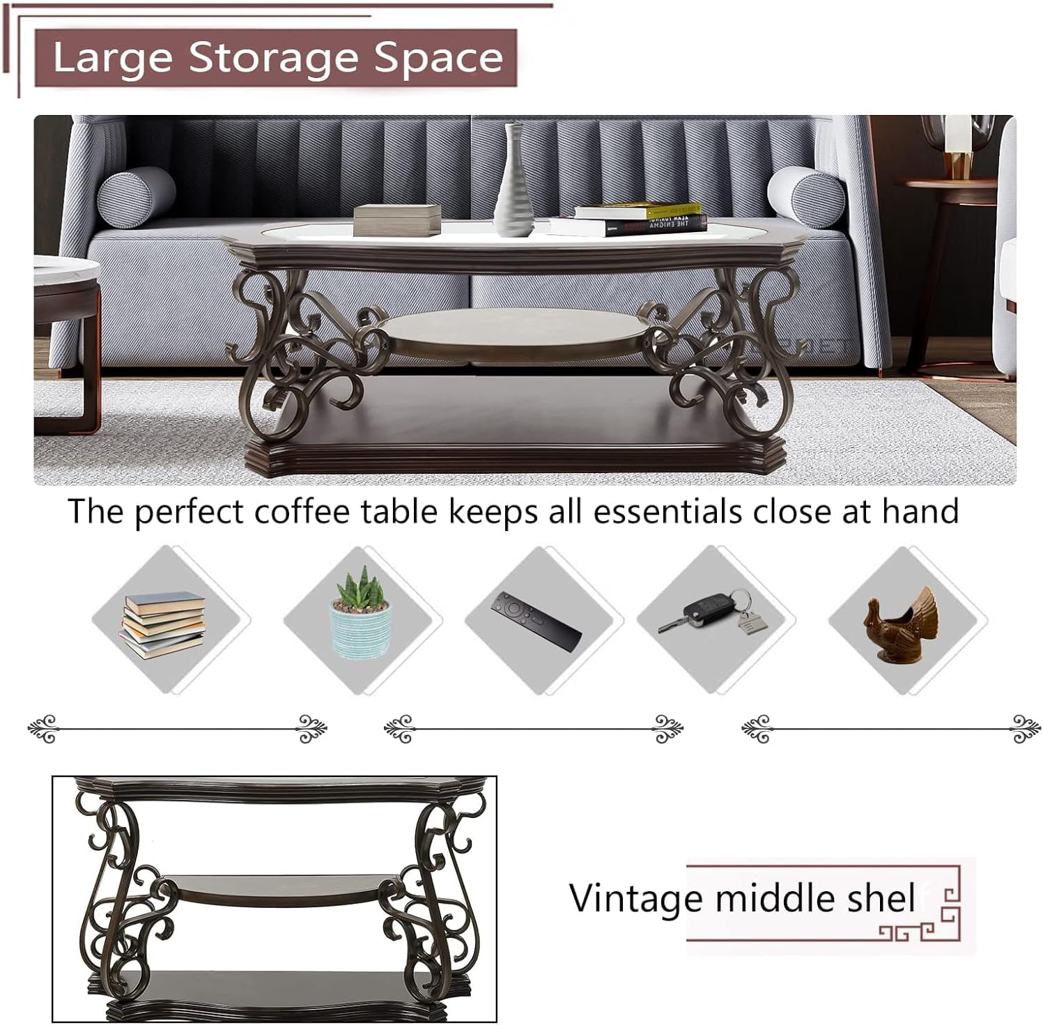 3 Piece Retro Coffee Table Set, Mid Century Modern Living Room Table Set, Traditional 3-Tier Coffee Table and 2 End Tables with Tempered Glass Top & Storage Shelf for Living Room Home Office