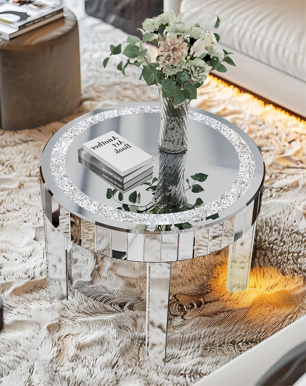 Silver Mirror Accent Table: 23.6 inch Round Mirrored Glass Tabletop Crushed Diamond