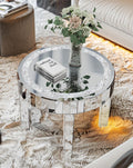 Silver Mirror Accent Table: 23.6 inch Round Mirrored Glass Tabletop Crushed Diamond