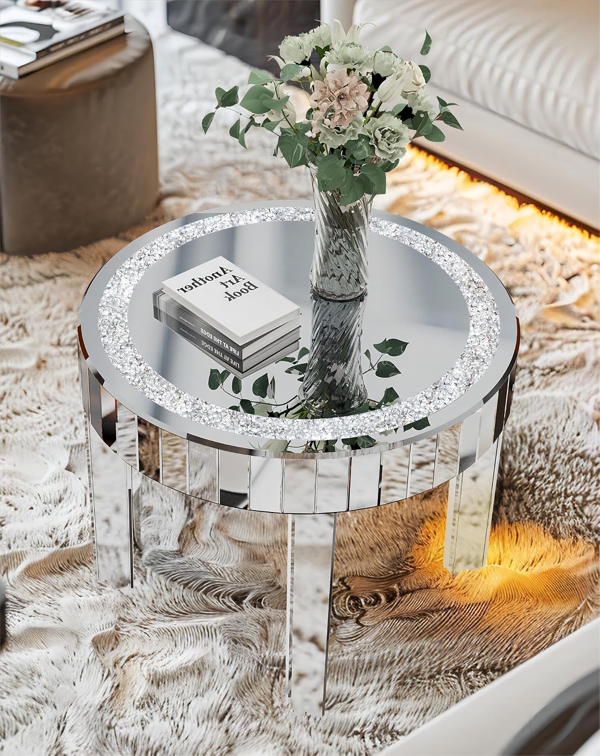 Silver Mirror Accent Table: 23.6 inch Round Mirrored Glass Tabletop Crushed Diamond