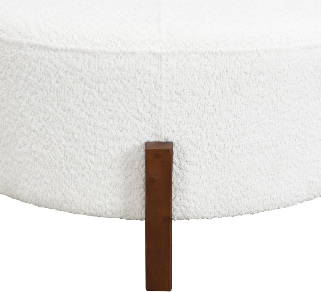 Christopher Knight Home Holmes Modern Boulce Upholstered Ottoman Coffee Table, Wooden Round Cocktail Ottoman, Large Living Room Sofa Footstool/Footrest, White+Walnut