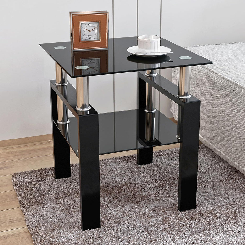 Glass Coffee Table Sets of 3 for Living Room, Mordern End Table Sofa Side Tables with Storage, Black Metal Leg, Rectangle Tempered Center Table Home Furniture Set (Black)