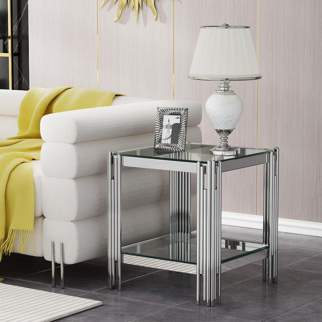 Modern Glass End Table,Sqaure Sofa Side Table with Shiny Geometric Stainless Steel Base,Clear Glass Accent End Table Bedside Table Nightstand for Living Room Bedroom Office
