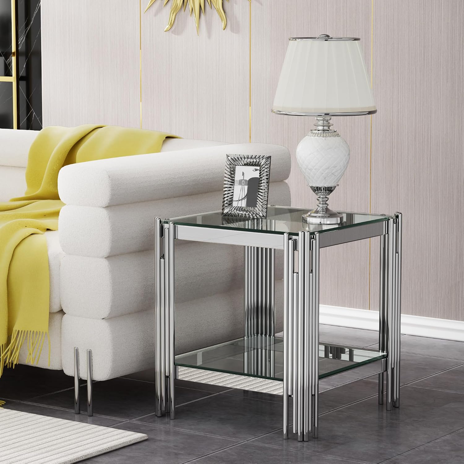 Modern Glass End Table,Sqaure Sofa Side Table with Shiny Geometric Stainless Steel Base,Clear Glass Accent End Table Bedside Table Nightstand for Living Room Bedroom Office