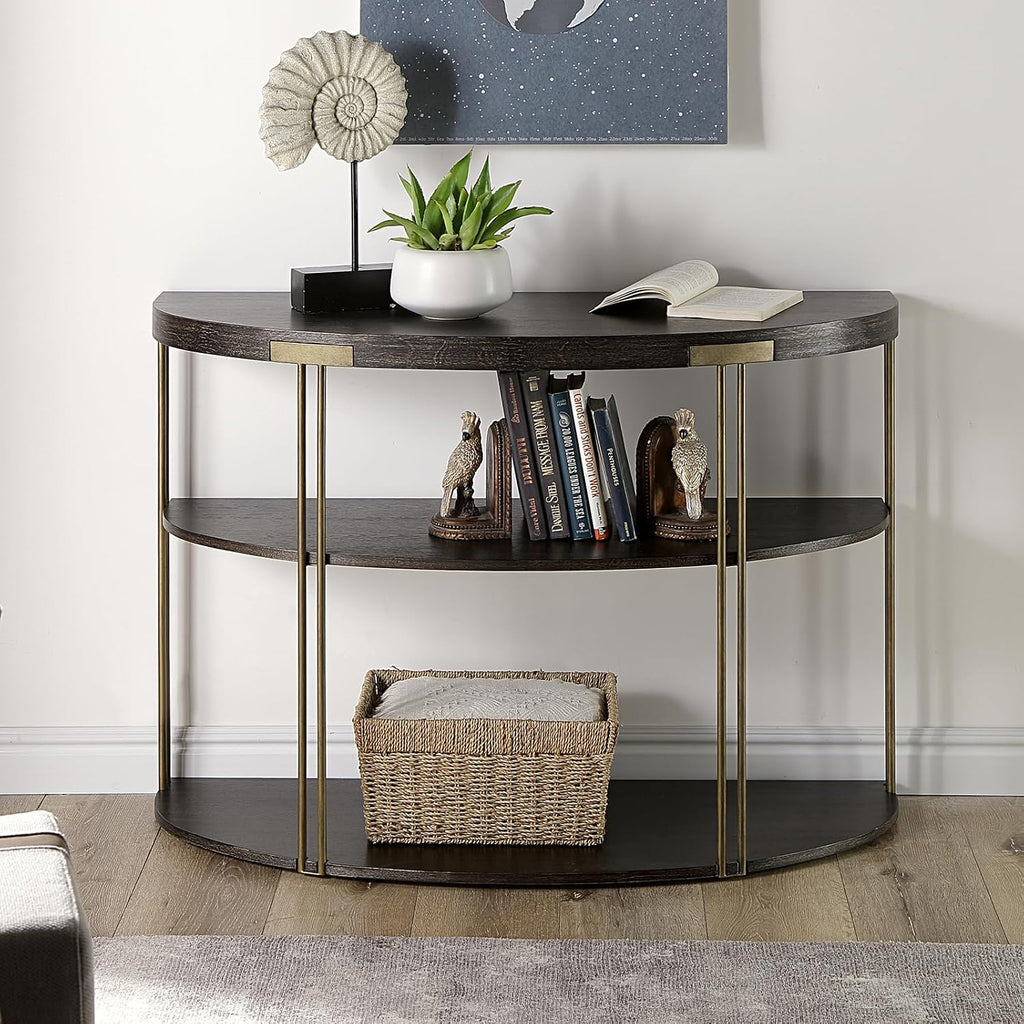 Biaco Black Modern Console Table for Entryway, 3-Tier Half Moon Industrial Wall Table, Hallway Half Circle Accent Wood Entry Table, Vintage Retro Design, Birch Veneer Textured Top & Gold Metal Legs