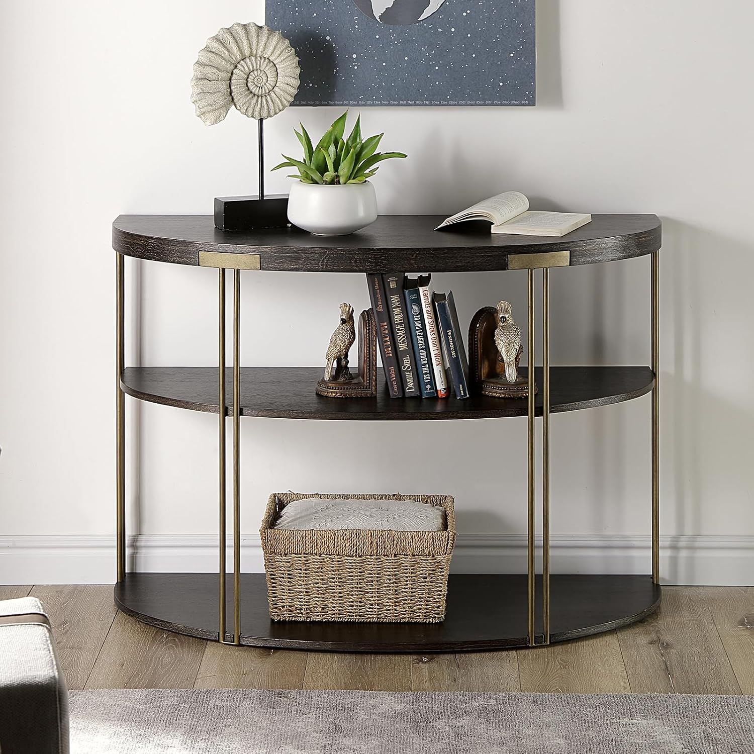 Biaco Black Modern Console Table for Entryway, 3-Tier Half Moon Industrial Wall Table, Hallway Half Circle Accent Wood Entry Table, Vintage Retro Design, Birch Veneer Textured Top & Gold Metal Legs