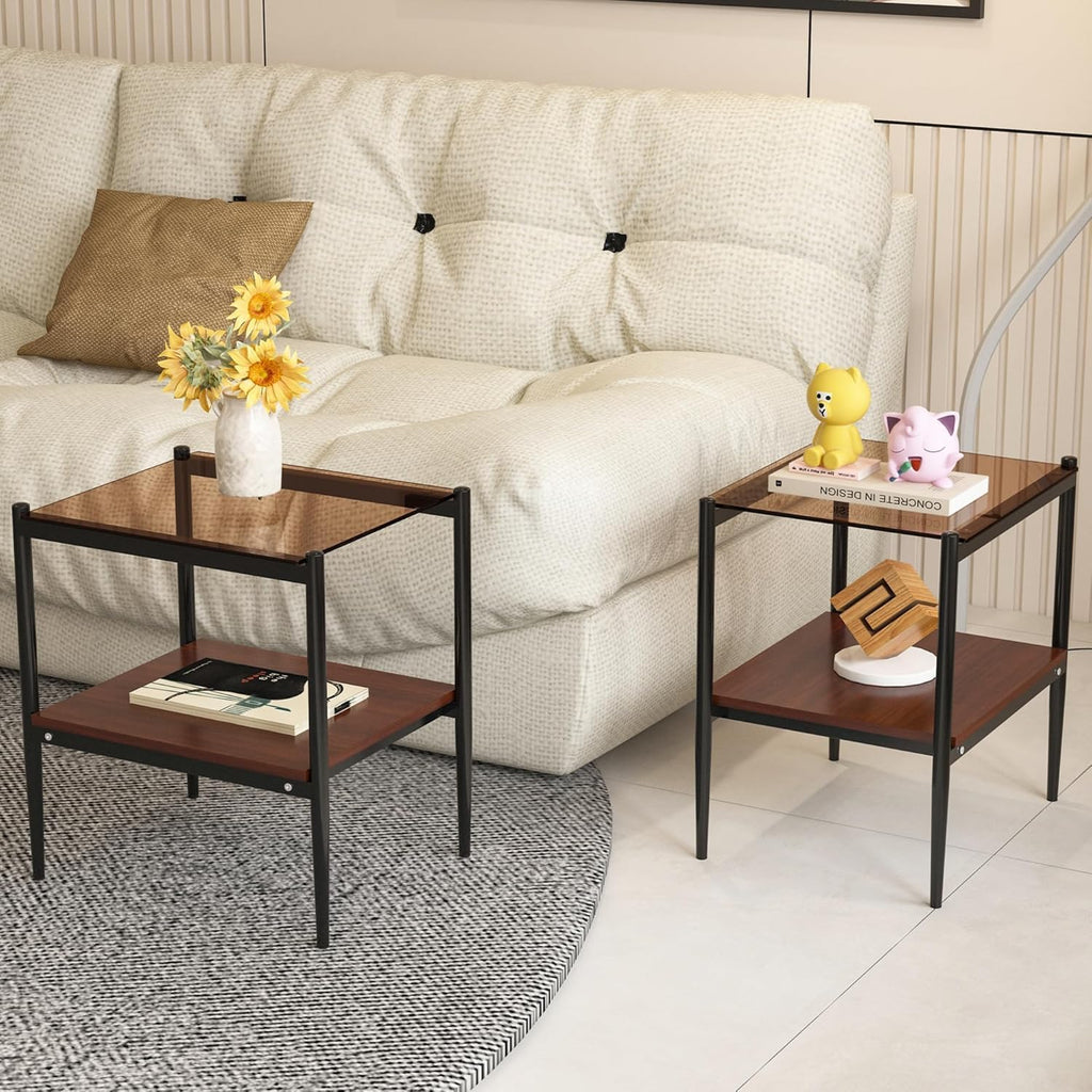 Modern Glass Coffee Table and End Table Sets of 3, Living Room Tables Set with Walnut Wooden MDF Layer, 39' Rectangle Brown Top, Black Metal Legs