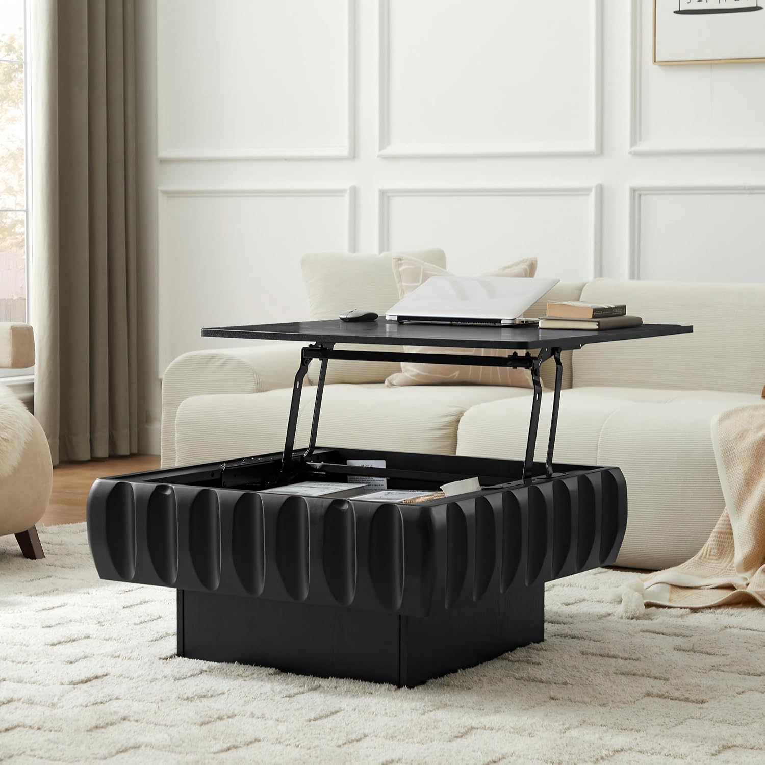 31.1'' Lift Top Coffee Table with Hidden Storage Space, Modern Drum Handcraft Wood Fluted Square Coffee Table for Living Room, Easy Assembly, Black