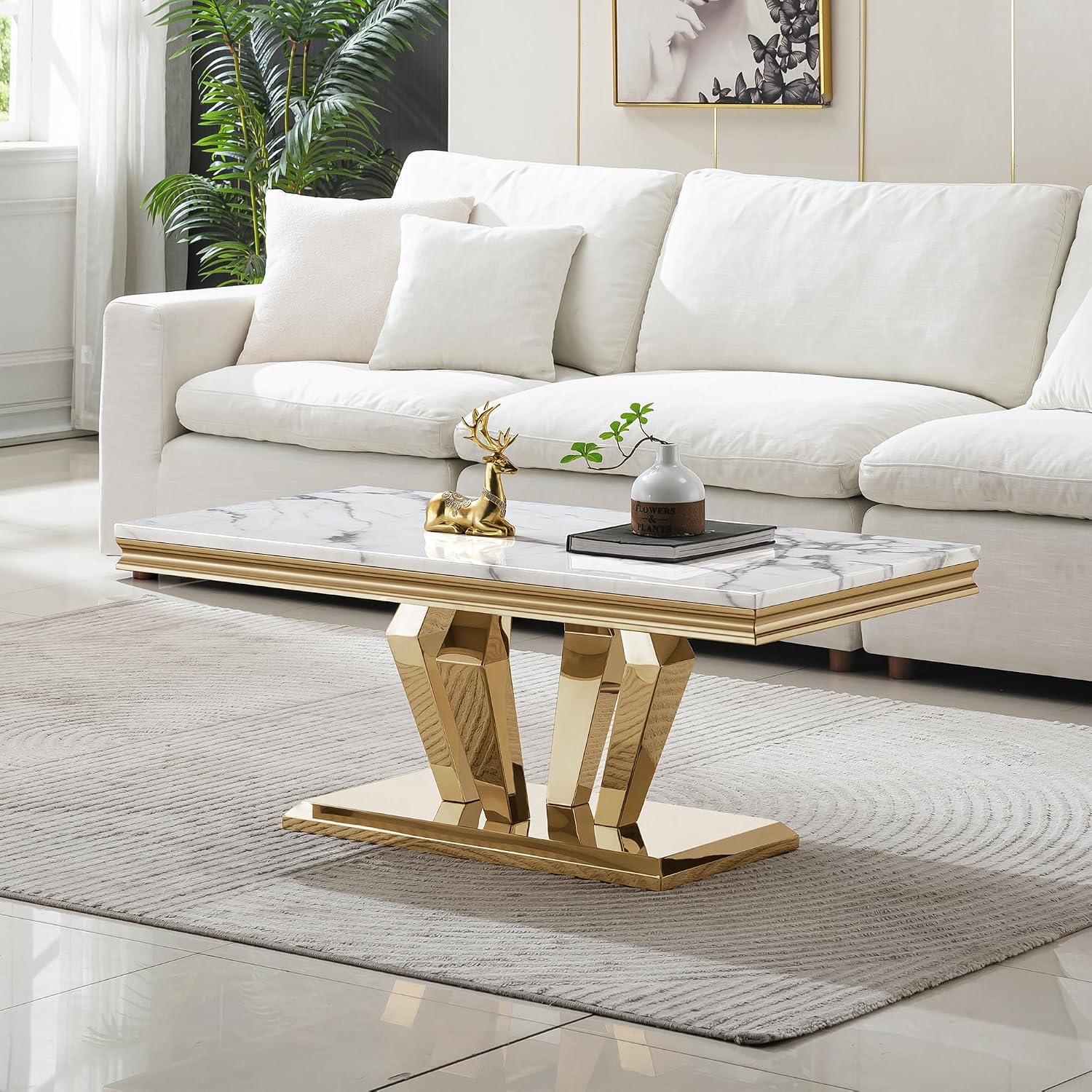 Henf 3 Piece Living Room Table Set, Faux Marble Coffee Table & Console Table & End Table, Luxury White Gold Coffee Table Set of 3 with Mirrored Stainless Steel Base for Living Room Apartment