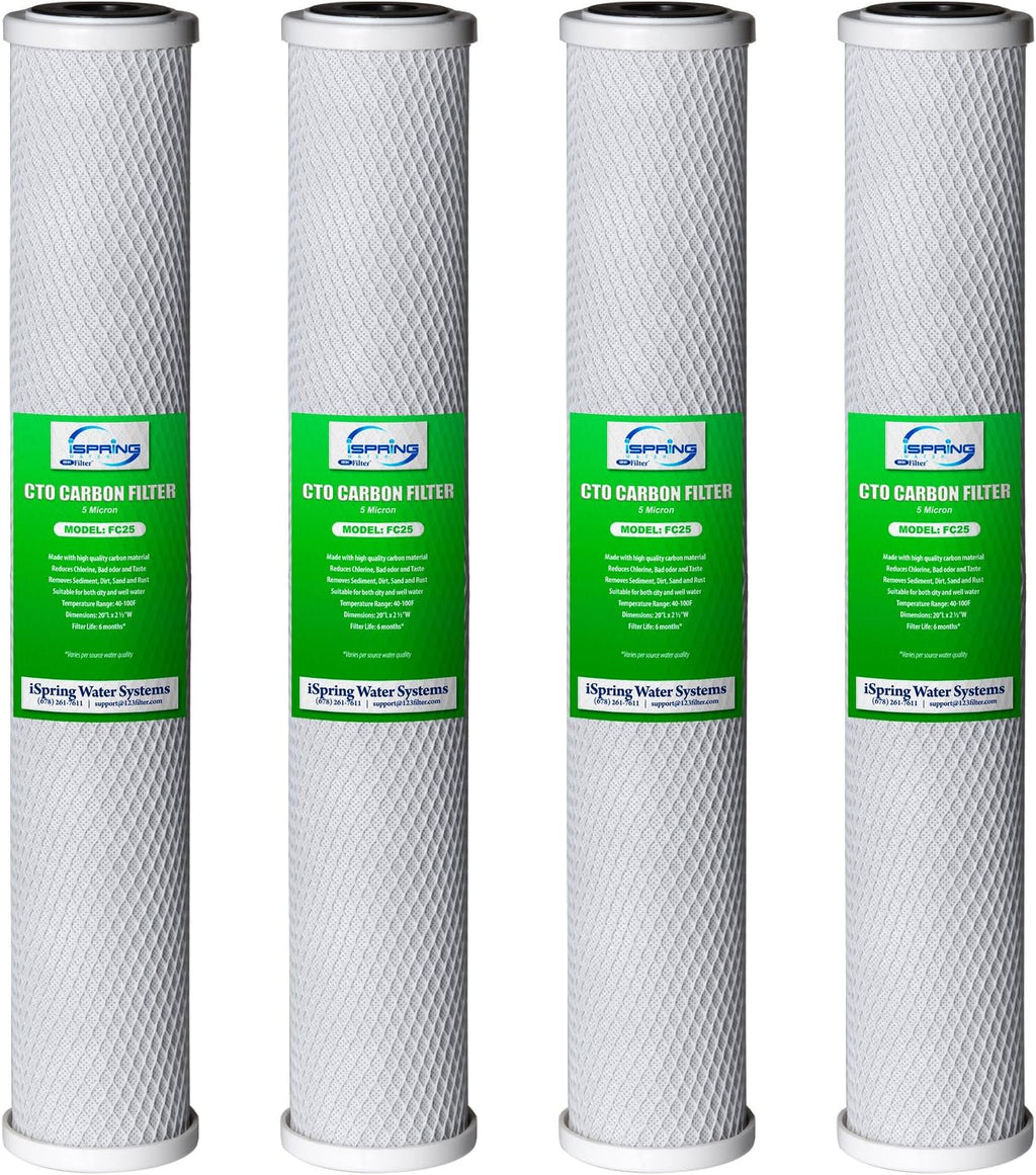 iSpring FC25X4 High Capacity 20' x 2.5' Water Filter Replacement Cartridges - CTO Carbon Block - Fits WCB32C, WCB32O & RCB3P - Pack of 4