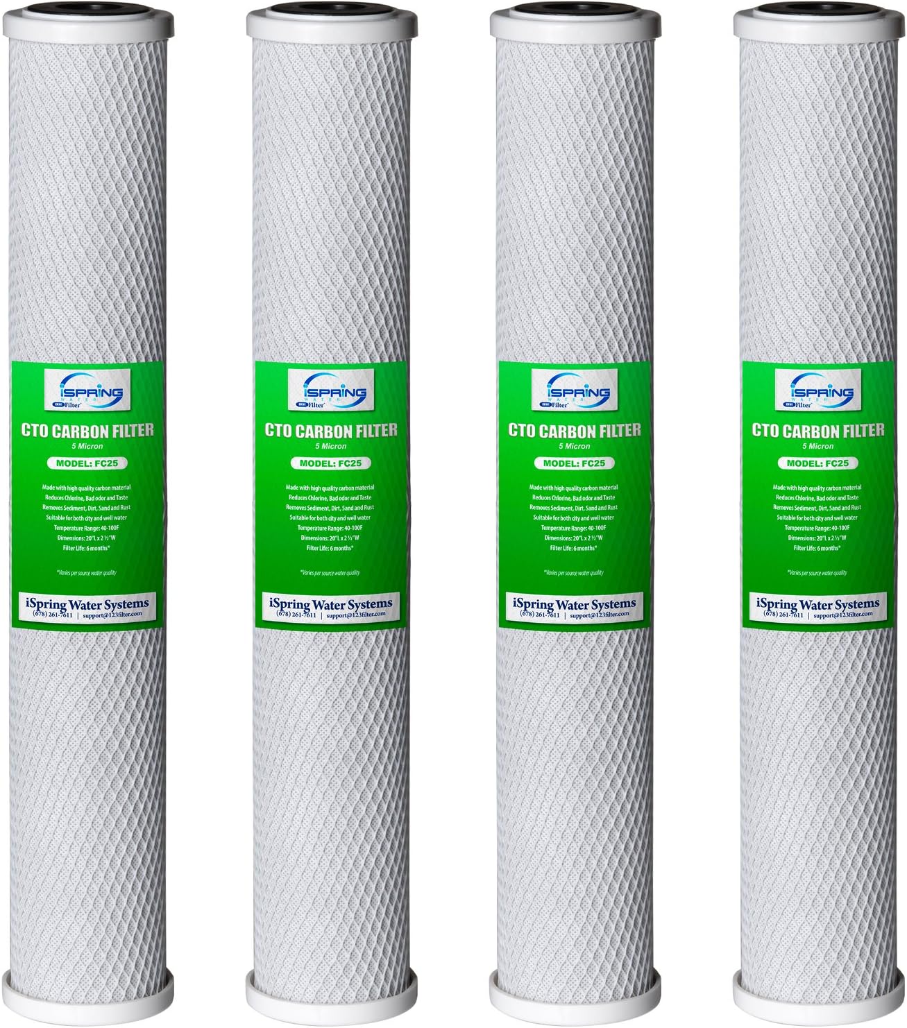 iSpring FC25X4 High Capacity 20' x 2.5' Water Filter Replacement Cartridges - CTO Carbon Block - Fits WCB32C, WCB32O & RCB3P - Pack of 4