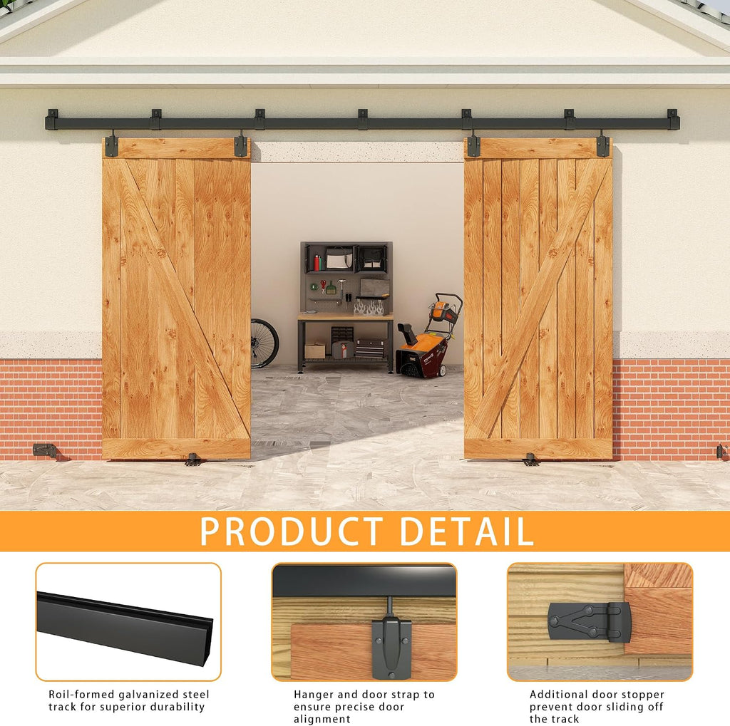 12FT Black Box Rail Exterior Barn Door Hardware Kit for 2 Doors, Sliding Heavy Duty Barn Door Track, Wall Mount Barn Door Hardware with 7 Track Brackets(Doors NOT Include)