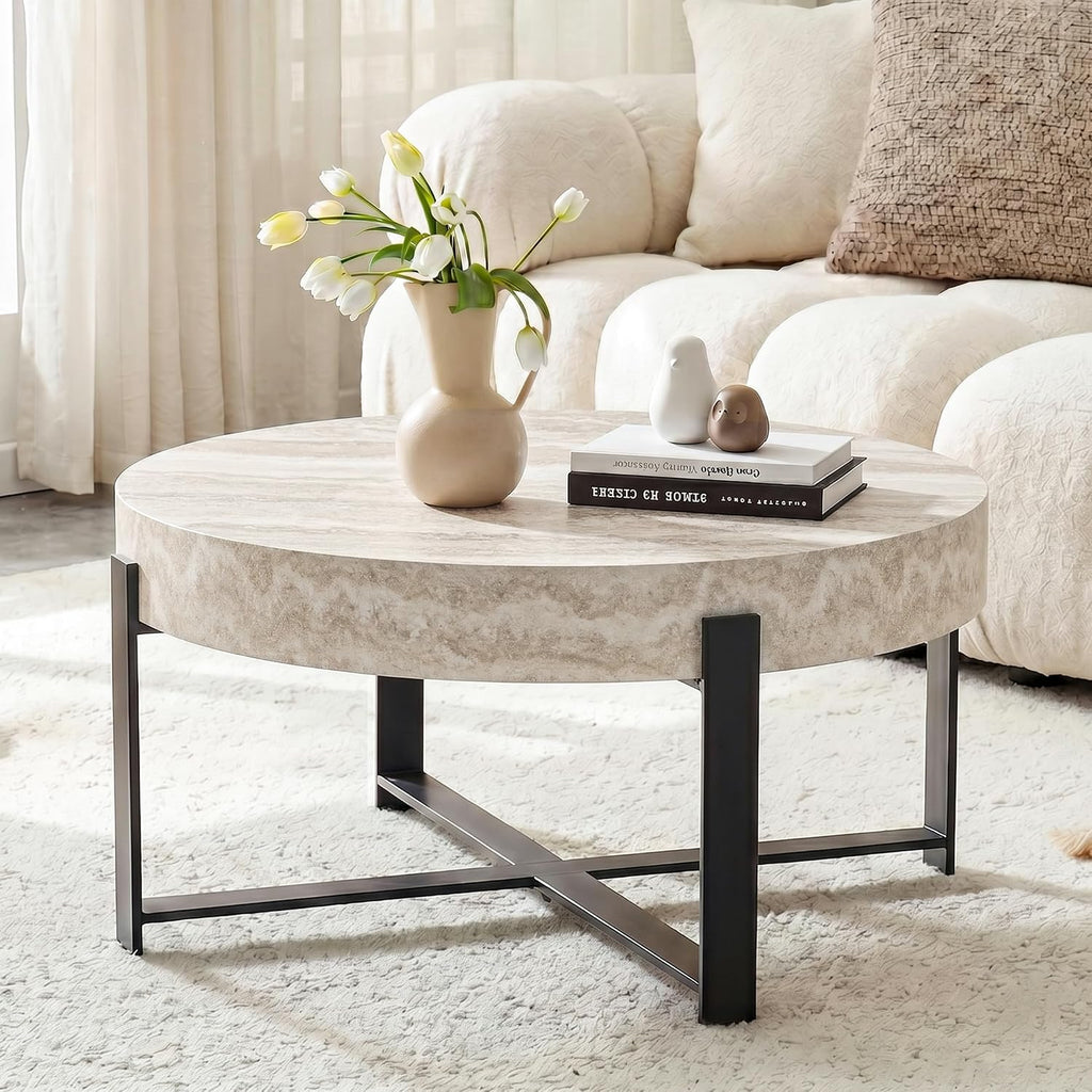 Modern Round Coffee Table Marble Coffee Table with Storage Travertine Stone Coffee Tables for Living Room Small Space Apartment