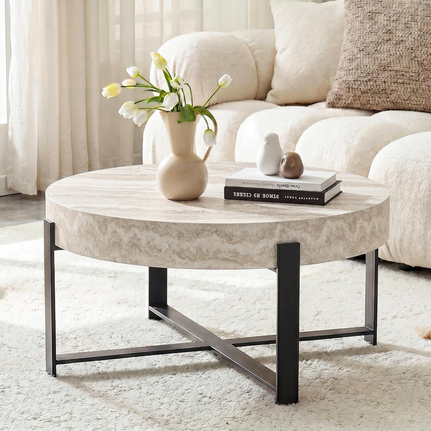 Modern Round Coffee Table Marble Coffee Table with Storage Travertine Stone Coffee Tables for Living Room Small Space Apartment