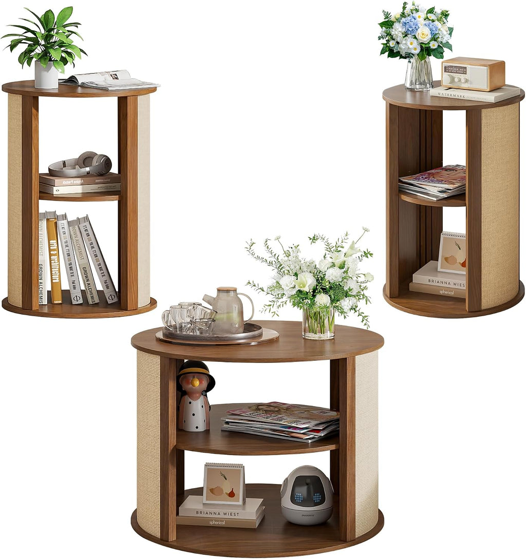 Walnut Round Coffee Table Set of 3, 2-Tier Boho Mid Century Modern Wooden Circle Center Coffee Table and End Table Sets with Adjustable Shelf, Sackcloth Finish, Farmhouse, for Living Room