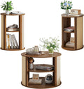 Walnut Round Coffee Table Set of 3, 2-Tier Boho Mid Century Modern Wooden Circle Center Coffee Table and End Table Sets with Adjustable Shelf, Sackcloth Finish, Farmhouse, for Living Room