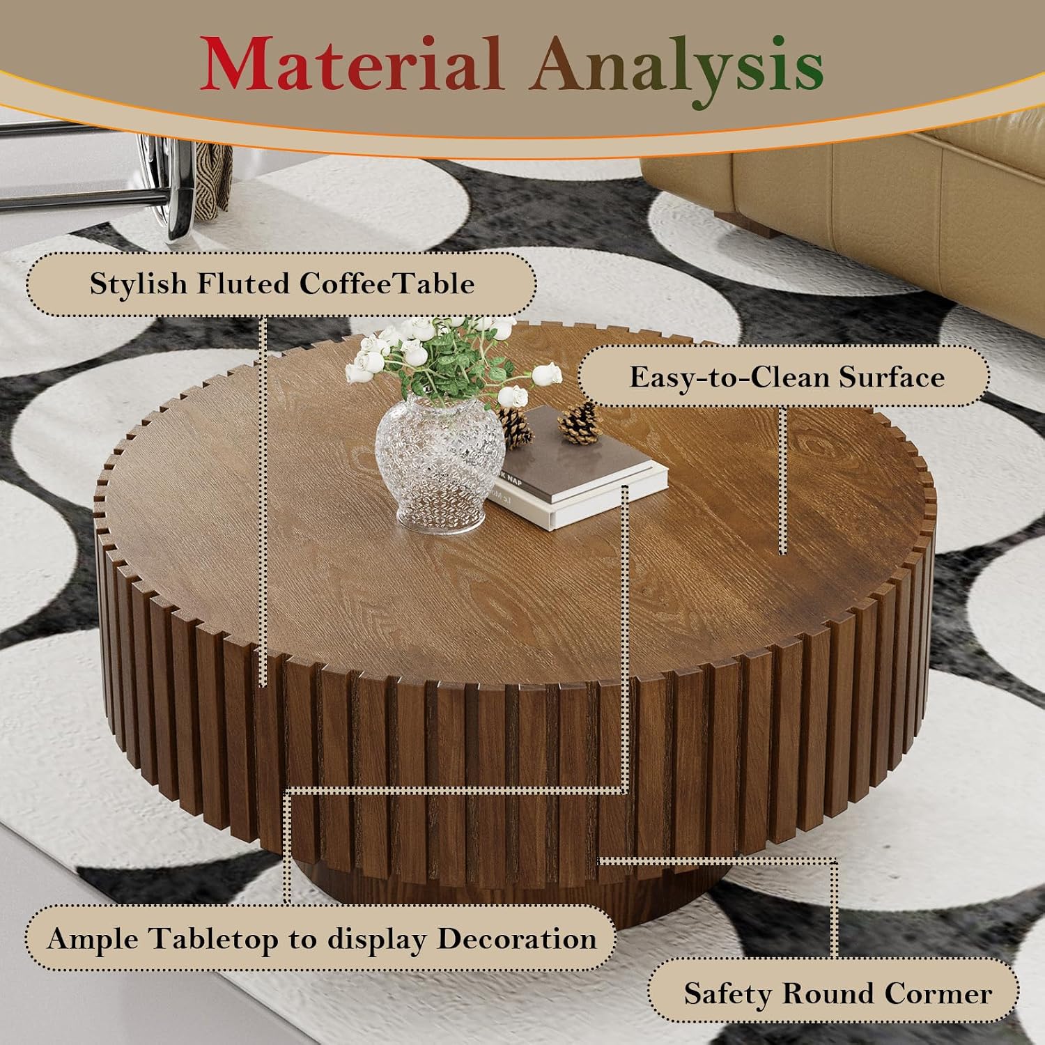 Round Fluted Coffee Table Mid Century Circle Center Tables for Living Room Chic Drum End Table for Small Space Easy Assembly (Round Walnut 31.5in)