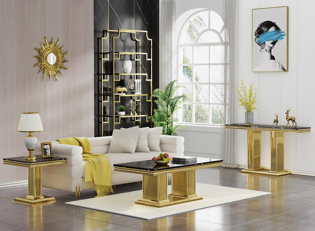 Modern Marble Coffee Table, 47' Black Gold Coffee Table with Mirrored Column-Shape Stainless Steel Base, Faux Marble Rectangle Living Room Center Table Cocktail Tea Table for Home Office