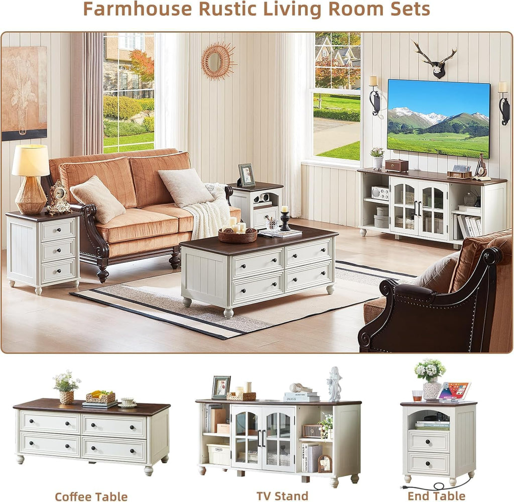 RWYHG Farmhouse Coffee Table & TV Stand Set of 4,Entertainment Center for 60 Inch TV,Wooden Coffee Tables with 4 Drawers, Nightstand with 3 Drawers and Charging Station for Living Room,Bedroom,White