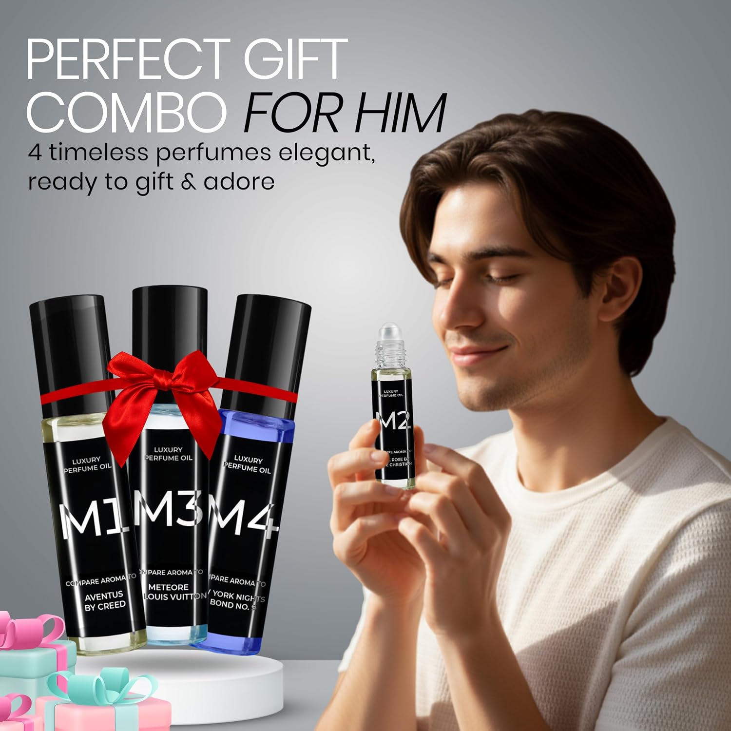 M Series Perfume Oil Gift Set for Men – Top 4 Iconic Roll-On Fragrance Oil Formulas Based on Iconic Luxury Scents - Luxury Long-Lasting Men's Cologne, Travel-Friendly 10ml Each