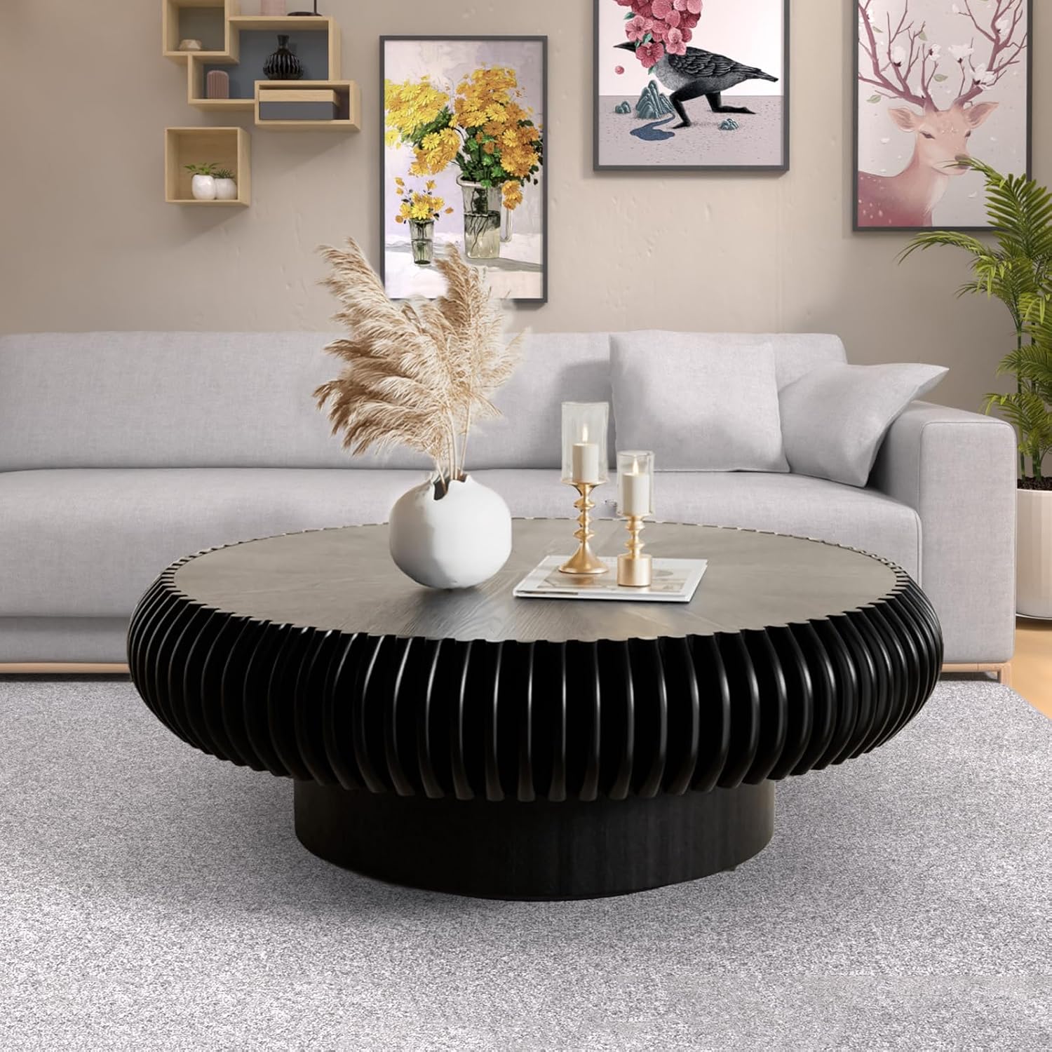 39.37' Round Fluted Coffee Table Unique Contemporary Wood Low Circle Drum Tea Tables with Sturdy Pedestal for Small Space (H Black 39.37in)