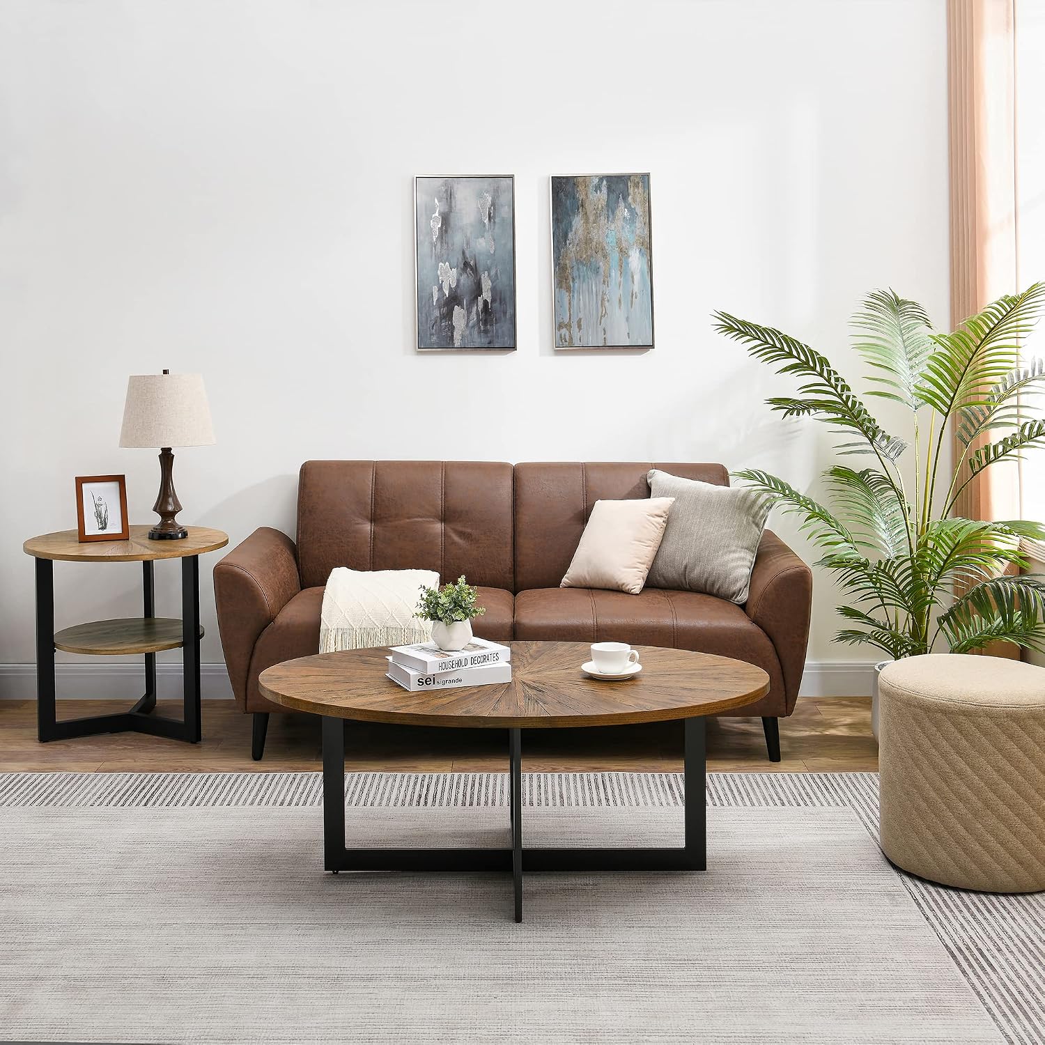 Solid Wood Oval Coffee Table with Cross Metal Legs, 47.9' Industrail Bar Cocktail Table for Living Room Kitchen Office Sofa Table Bristro Table for Cafe/Bar Rustic Brown 1831