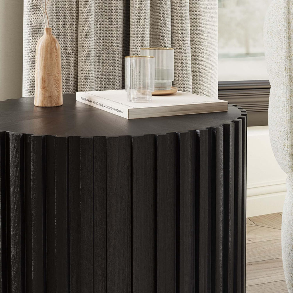 POVISON Side Table, Round Wood Coffee Table Modern Side Table End Table for Living Room, Fluted Coffee Table, Black, Fully Assembled