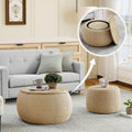 Round Ottoman with Storage Set, 25' +18' Circle Coffee Table Upholstered Nesting Modern End Table Footstool with Removable Wood Tray Woven Rattan for Living Room No Assembly, Natual