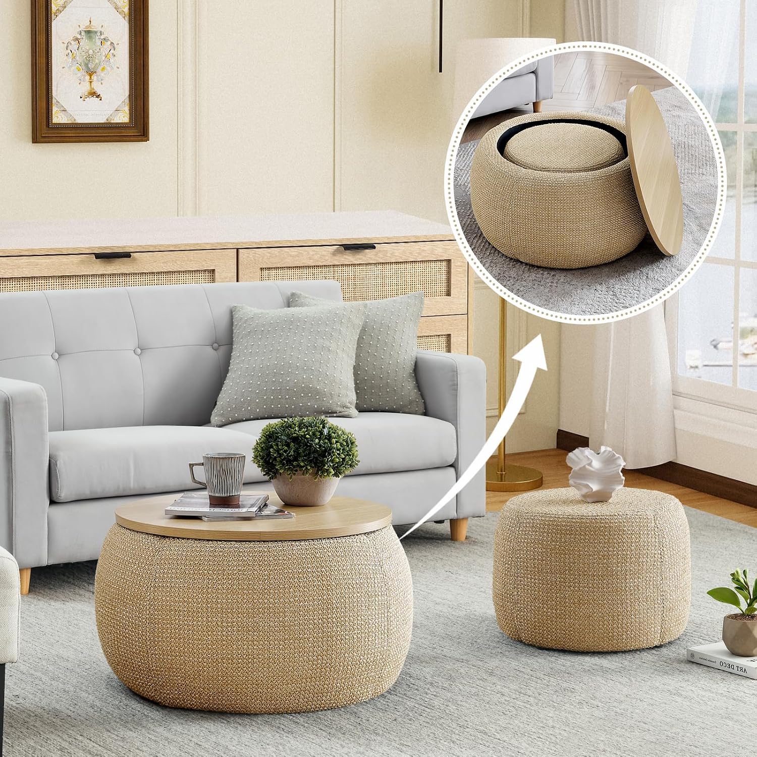 Round Ottoman with Storage Set, 25' +18' Circle Coffee Table Upholstered Nesting Modern End Table Footstool with Removable Wood Tray Woven Rattan for Living Room No Assembly, Natual