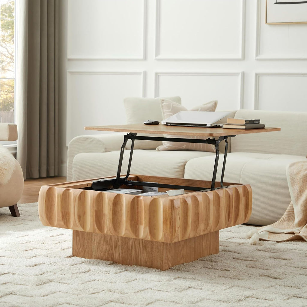 31.1'' Lift Top Coffee Table with Hidden Storage Space, Modern Drum Handcraft Wood Fluted Square Coffee Table for Living Room, Easy Assembly, Natural