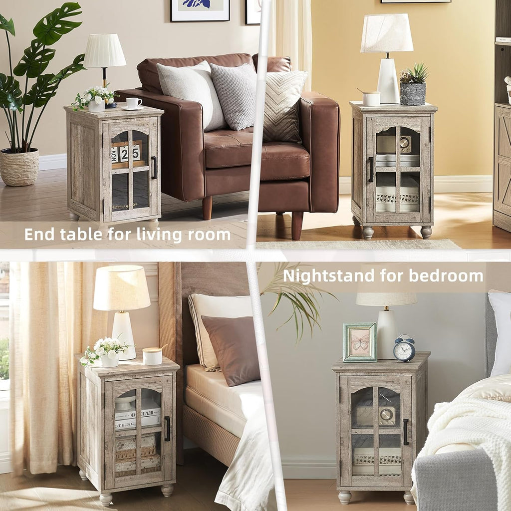 Narrow Side Table Set of 2,Farmhouse Nightstand with Charging Station,End Table with Glass Barn Door Storage, Cabinet Organizer with Adjustable Shelf, Night Stand for Small Spaces Living Room Bedroom