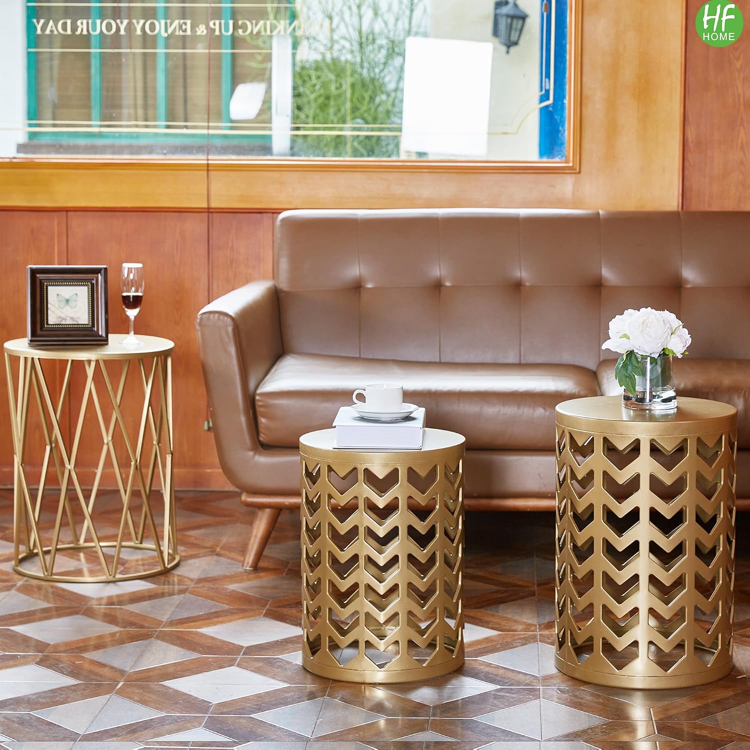Nesting Side Table Set of 3 Decorative Round Garden Stools for Indoor Outdoor Heavy Duty Metal Frame Side Table Nightstands Modern End Table Plant Stand, Glossy Golden