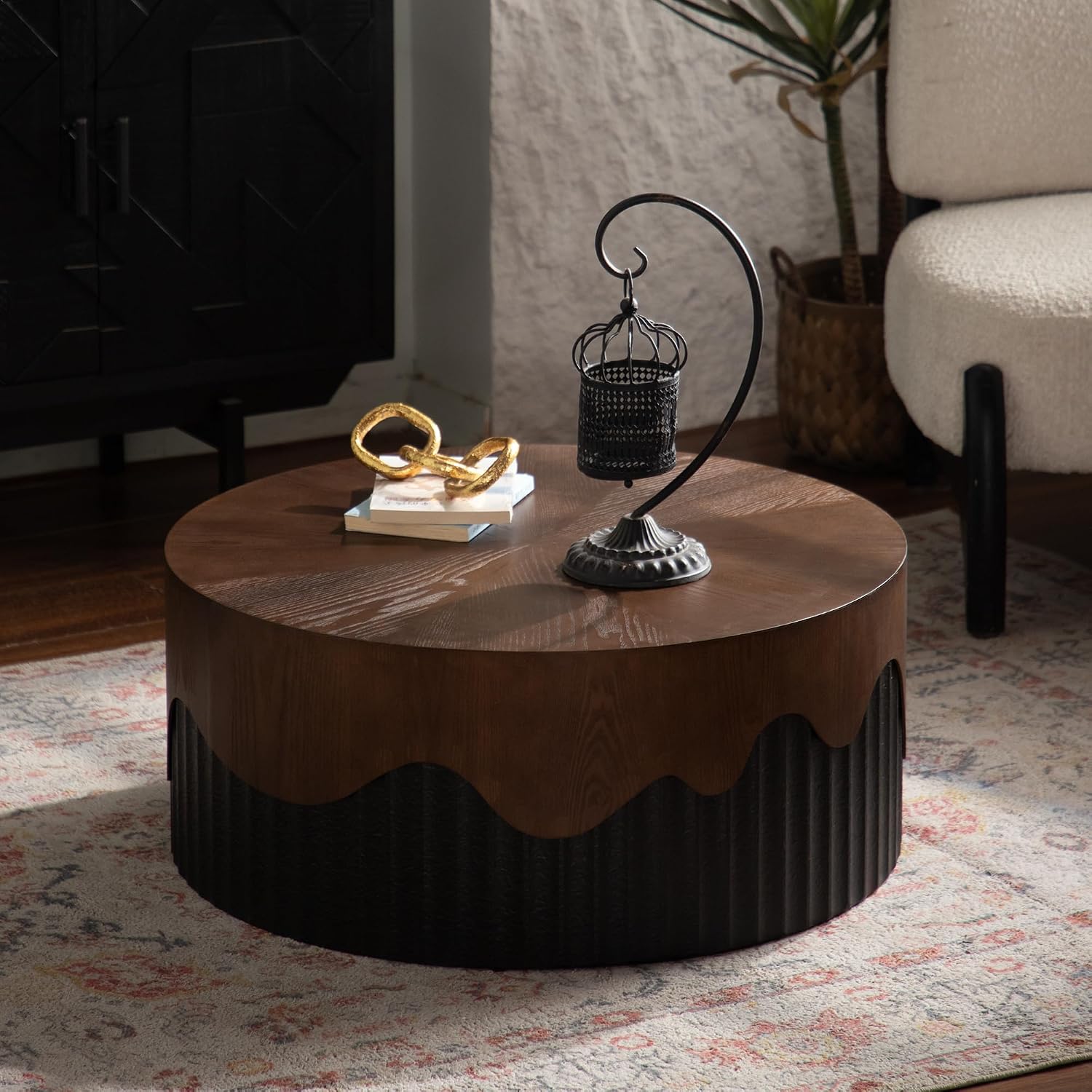 30.31'' Handcrafted Round Coffee Table for Living Room, Modern Mid-Century Circle Drum Wood Coffee Table, Easy Assembly, Black & Walnut