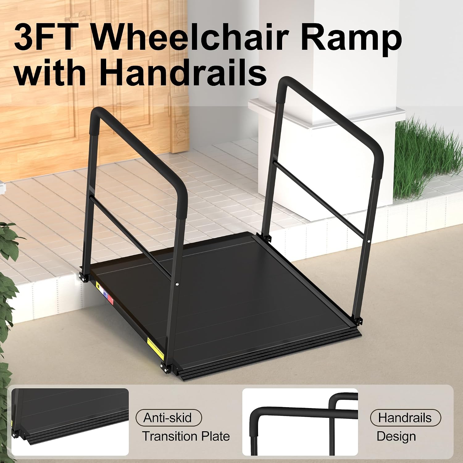 One-Piece Portable Wheelchair Ramp with Dual Side Safety Handrails, 800 Lbs Anti-Slip Aluminum Handicap Threshold Ramp for Home Steps & Doorways, Elderly & Disabled Access