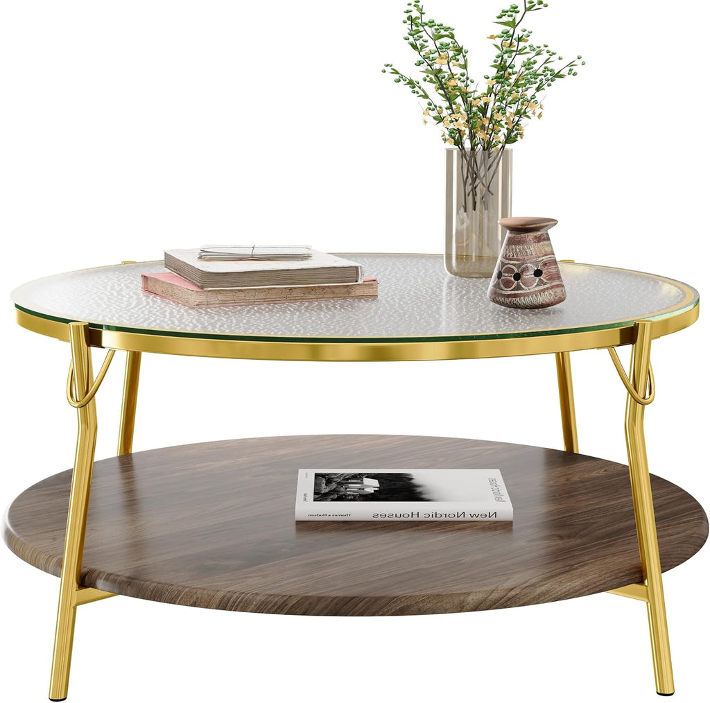 32.7'' Tempered Glass Round Coffee Table for Living Room, 2-Tier Modern Circle Coffee Table, Glass Tabletop & Metal Base, Easy Assembly, Gold & Walnut