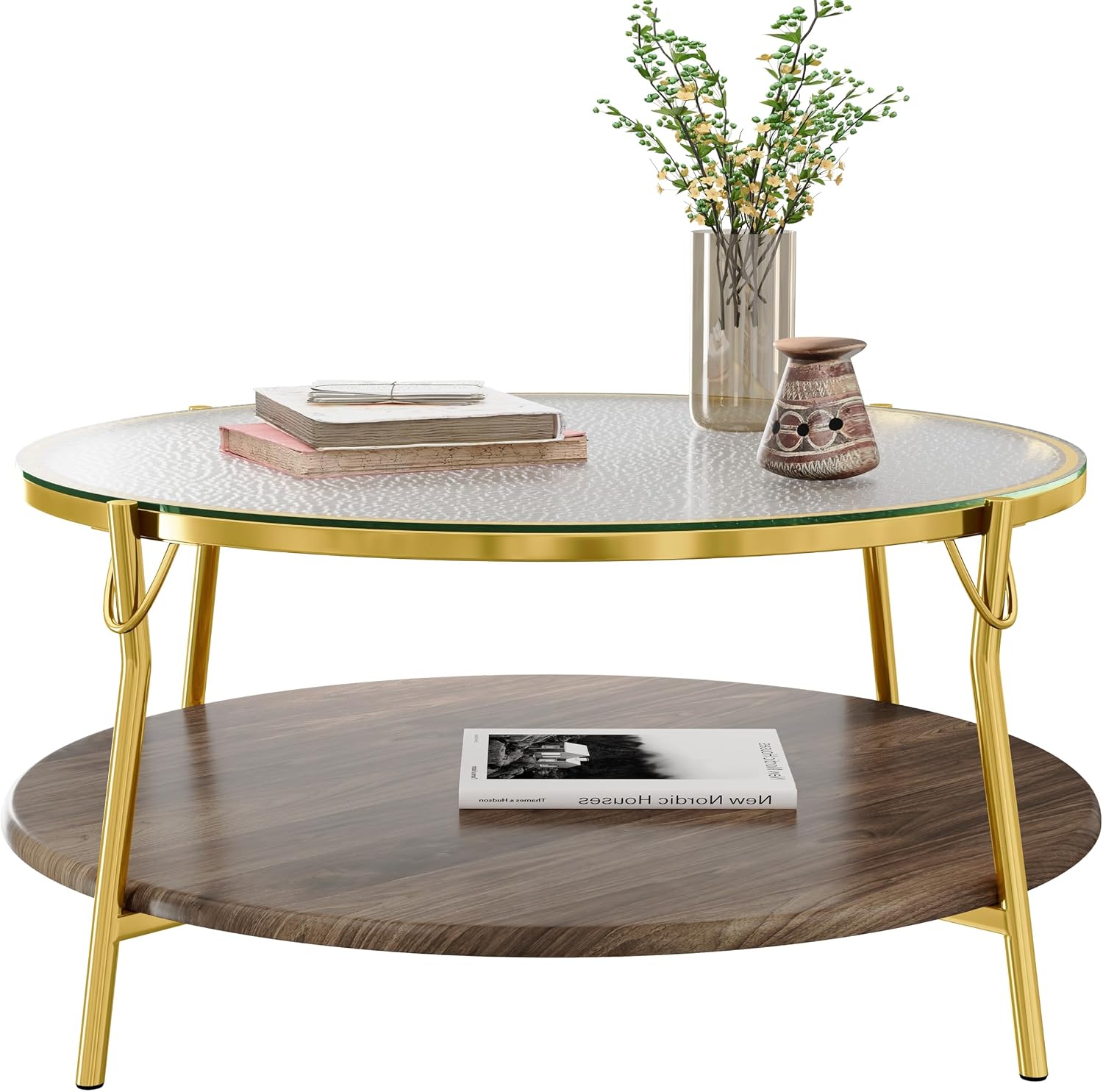 32.7'' Tempered Glass Round Coffee Table for Living Room, 2-Tier Modern Circle Coffee Table, Glass Tabletop & Metal Base, Easy Assembly, Gold & Walnut